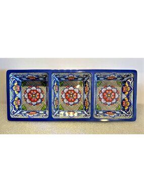 Prepara Melamine 3 Section Taco Tray Blue Spanish Tile 14.5" x 6" x 2" BRAND NEW